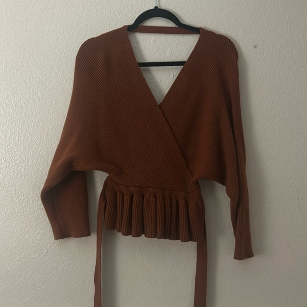 PINK LILY BOUTIQUE rust orange RIBBED peplum wrap OPEN BACK sweater